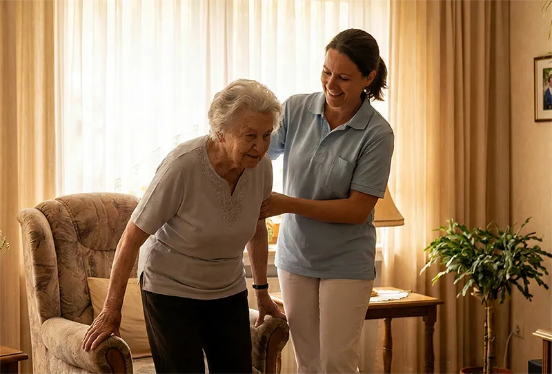 Pflegekraft hilft älterer Dame beim Aufstehen