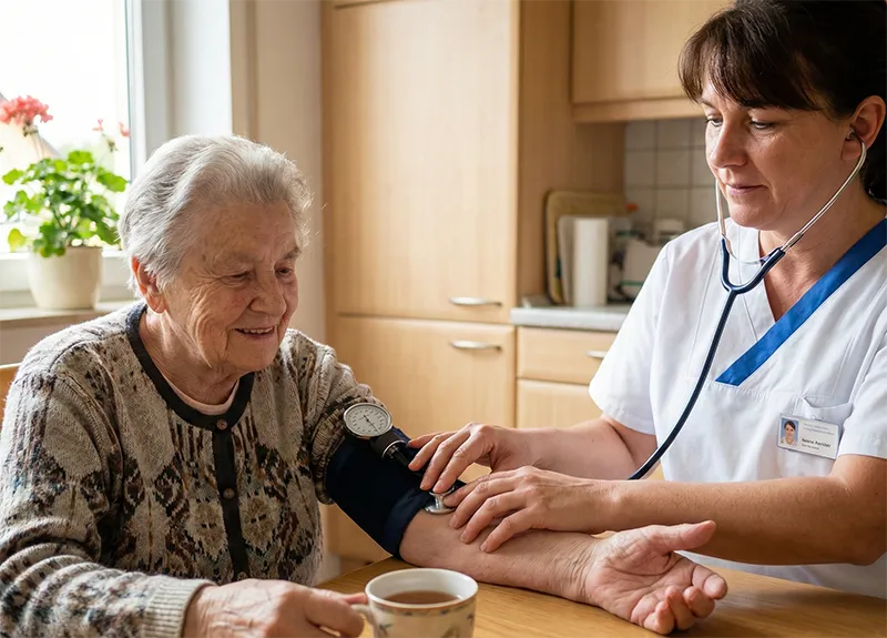 Pflegekraft misst Blutdruck bei Patientin